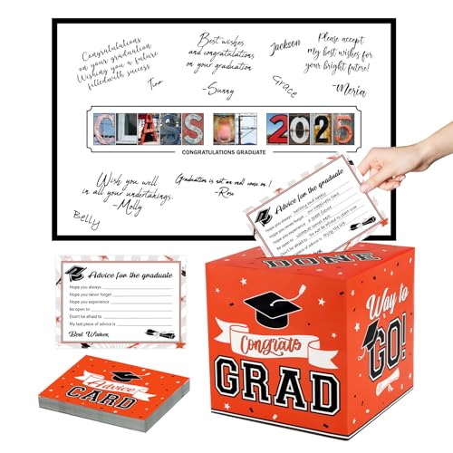 Image of DAZONGE Modern Orange Graduation Card Box with 30 Advice Cards and Signature Board for Class of 2025 Graduation Party Decorations