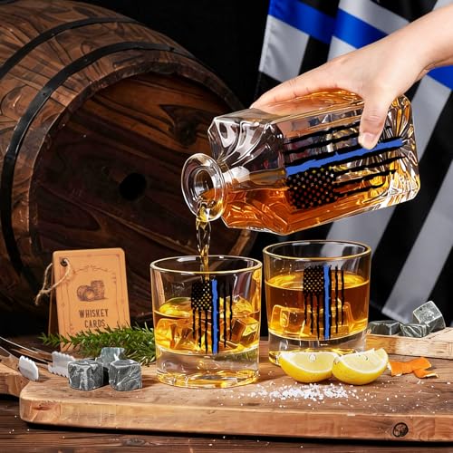 Image of PONPUR Police Officer Gifts for Men, Blue Line Tattered Flag Whiskey Decanter Set with Stones & Glasses, Cool Gifts for Policeman, Retirement & Law Enforcement, Police Academy Graduation Gift