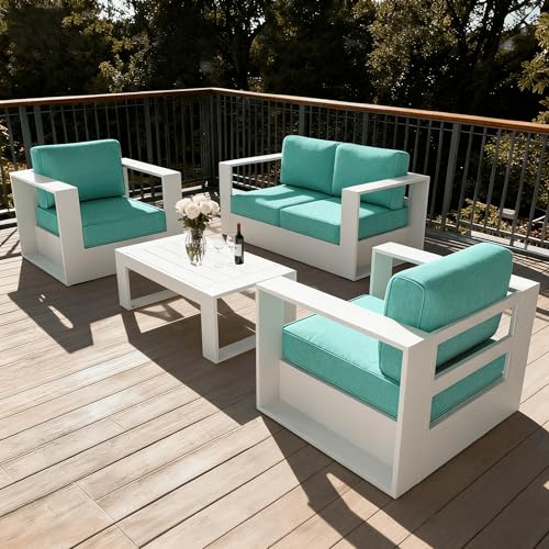 Image of LayinSun Oversized Aluminum Outdoor Furniture Set, 4 Piece Patio Sofa Sets with Coffee Table, Deep Seating and Upgraded 6-inch Cushions for Porch, Balcony, Deck
