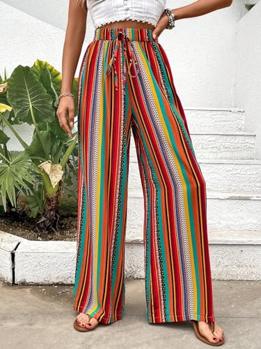 Verdusa Women's Elastic High Waist Boho Stripe Print Loose Wide Leg Pants3