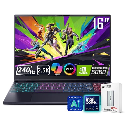 acer Predator Helios Neo 16S AI Ordinateur portable de jeu, 16 240 Hz 2,5 K OLED, Intel Core Ultra 9 275HX, NVIDIA GeForce RTX 5060, VR Ready, Copilot, refroidissement...