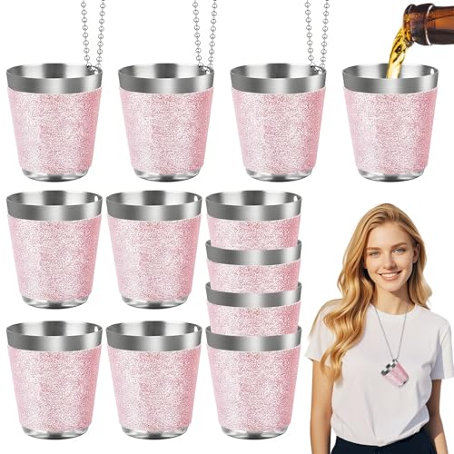 CoKeeSun 12 Pezzi Bicchieri da Liquore da Appendere, 30ml Bicchiere da Shot in Acciaio Inox con Catena, Colore Rosa, Per Feste di Matrimonio Addio al Celibato Carnevale Degustazione di Vino