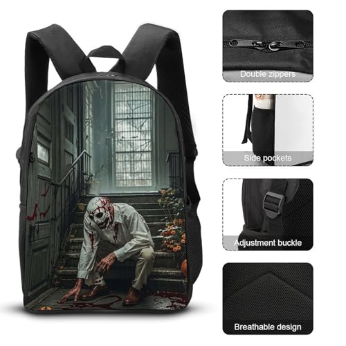 3 Piece Backpack for Women Men Lightweight Causal Daypack Shoulder Bag Set with Insulated Lunch Bag And Pencil Case Organizers Halloween Horror Theme3