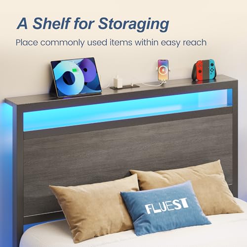 Image of Fluest Twin Bed Frame with Headboard & Footboard, Twin Bed Frame with Charging Station & LED Light, Under-Bed-Storage, No Box Spring Needed, Noise Free, Easy Assembly, Rustic Grey