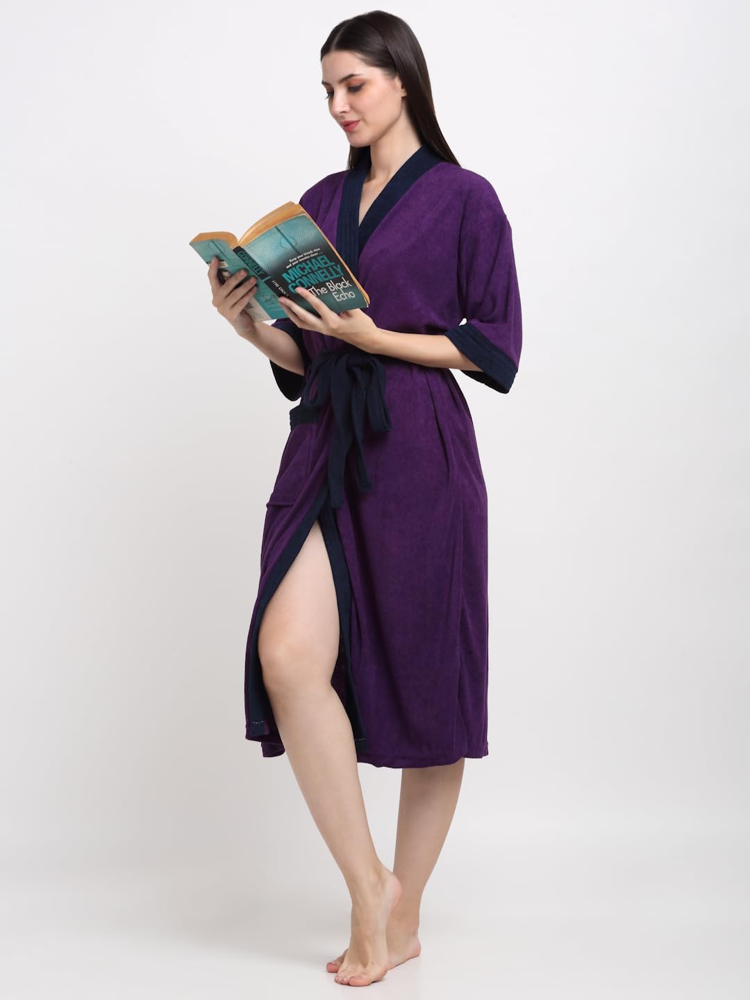 CREEVA Everyday Unisex Micro Terry Bathrobe Collection With kimono collar and 1 Pocket, 3/4 Sleeve Bath Robe Super Soft Light Weight - Indigo & Navy - Image 4 thumbnail