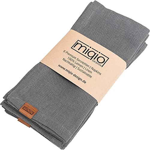 Miqio® Design - Premium Leinenservietten | 100% Leinen aus Frankreich | Marken Label aus echtem Leder | 6er Set Servietten | waschbar bei 60°| Stoffservietten (dunkelgrau)… Cover