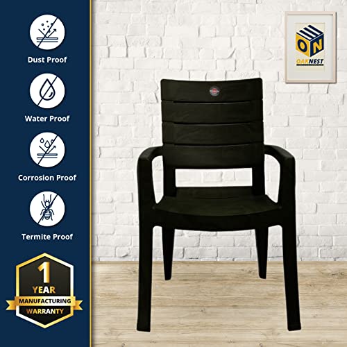 Image of OAKNEST Cello Jordan High Back Plastic Chair| Arm Rest Chair for Living Room, Bed Room and Garden Use| Weight Bearing Capacity 200 Kgs| Replascement Warranty* (Black), Set of 2 Piece