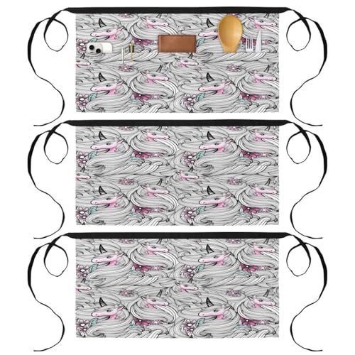 Demi-tablier de cuisine licorne : lot de 3 protections à poches pour pâtisserie et bistrot