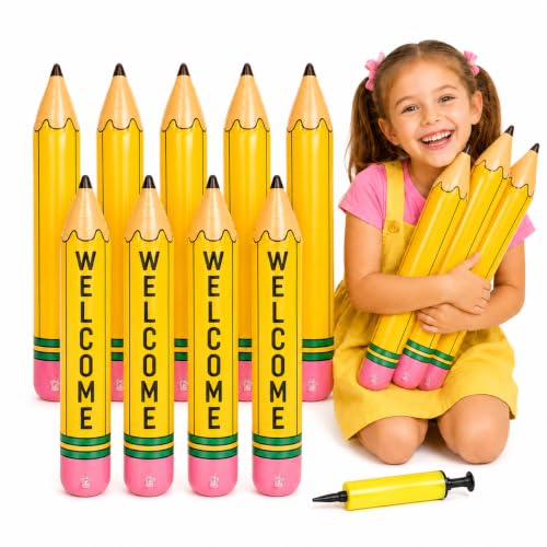 GLEAVI 12 Pcs Inflatable Pencil Balloon Set with Air Pump and 9 Letter Sticker Sheets Jumbo Blow Up Pencils for DIY Name Spell Back to School Classroom Teacher Party Decorations