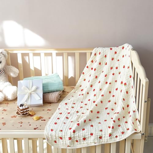 Image of Ultra Soft 6-Layer Muslin 100% Cotton Baby Blanket 41 inchx41 inch Breathable Lightweight Strawberry Swaddle Blankets for Baby Toddlers Birthday Gifts All Seasons