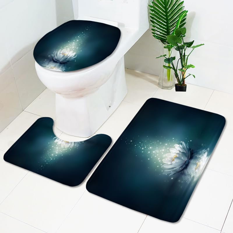 Badgarnitur 4 Teilig Badezimmerteppich Waschbar Badematte rutschfest,Wc Vorleger Mit Ausschnitt Badematte Und Duschvorhang,Badvorleger Toilette Teppich 45X75Cm Lotus – Bild 4