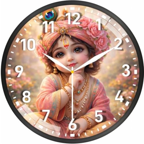 Image of Little Krishna Wall Clock with Black Round Frame | Silent Non-Ticking Decorative Wall Clock for Living Room, Bedroom, Kids Room, Temple, Office & Home Decor | Round Analog Battery Operated Clock