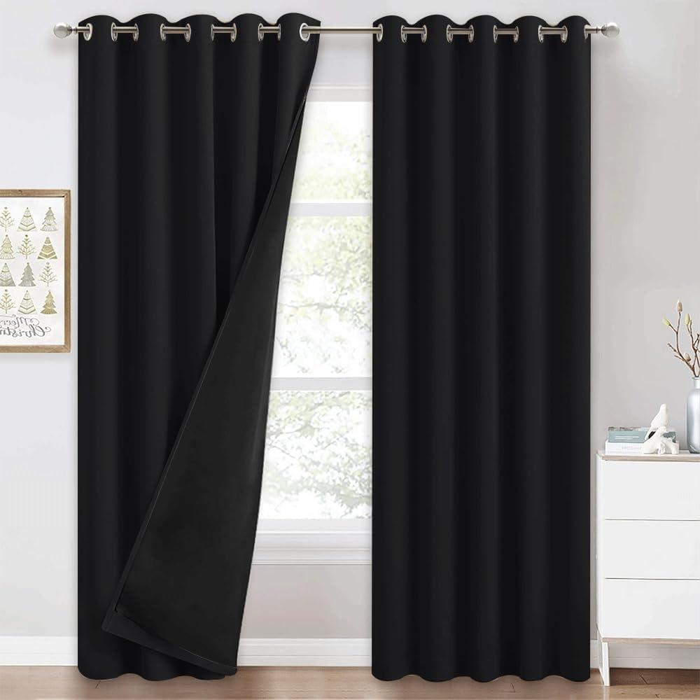 PONY DANCE Double Layer Thermal Eyelet Curtains, 66x90 Inch, Black — image 1