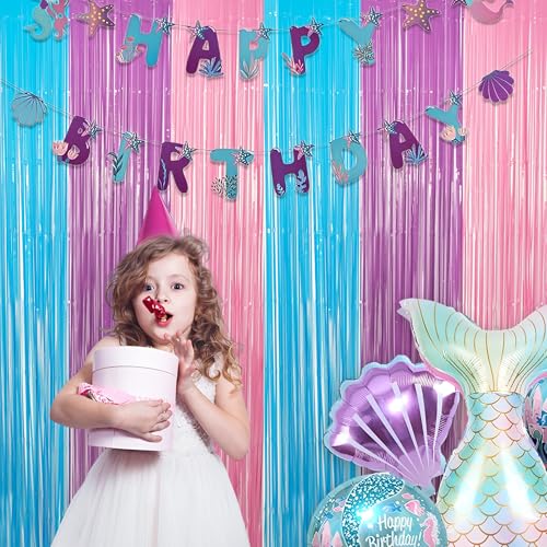 Image of Blue Purple Pink Tinsel Backdrop - GREATRIL Pastel Foil Fringe Curtain Streamers for Pony Theme Birthday Mermaid Shower Unicorn Girls Party Decorations 2 Packs