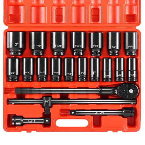 VEVOR Impact Socket Set 3/4 Inches 22 Piece Deep Impact Sockets 6-Point Sockets Rugged Construction CR-V Drive Socket Set Impact SAE 13/16 inch - 2 inch Includes Carrying Case and Ratchet Handle