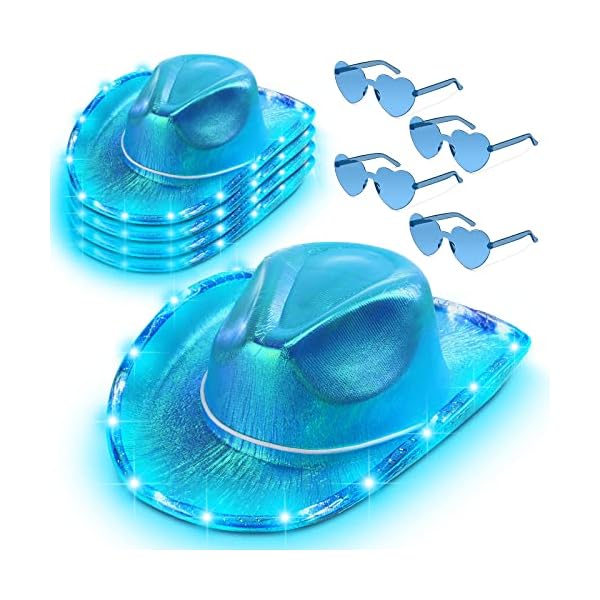 Zhanmai 8 pieces cowboy hat led light up hat and heart sunglasses sparkly space cowgirl hat for women girls halloween costume