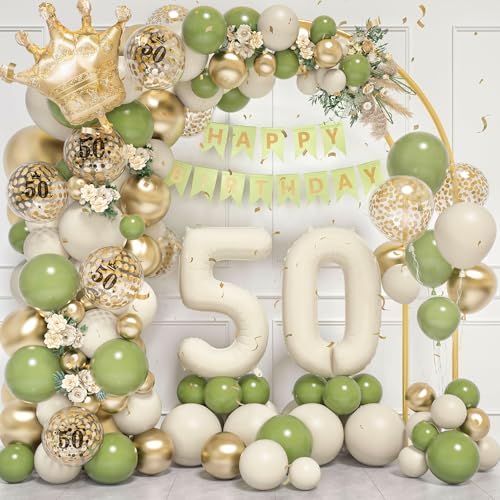 50Th Birthday Balloons Garland Arch Kit,50Th Party Decorations Sage Green Sand White Gold For Men Women,With Number 50 Foil Balloons,Happy Birthday Banner For 50 Years Old