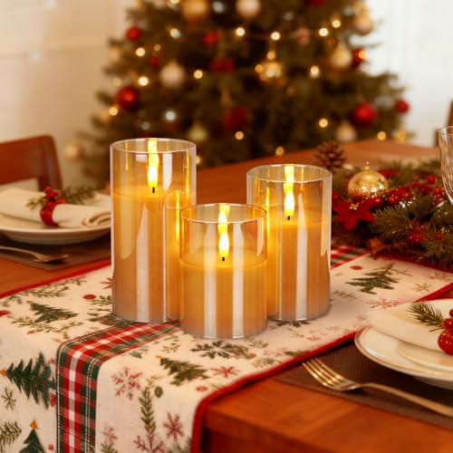 Image of Amagic Gold Glass Flameless Candles Battery Operated with Timer, Remote Control, Flickering LED Fake Pillar Candles for Fall Decoration, Christmas Thanksgiving Decor, Amber, Set of 3