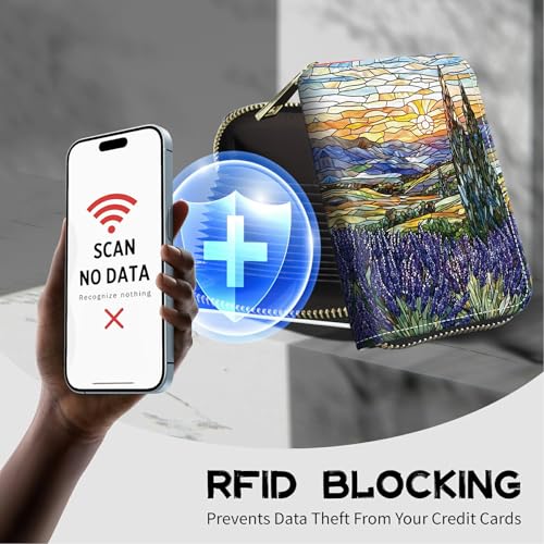 Image of Cute Credit Card Holder with Zipper, Stained Glass Lavender RFID-Blocking Card Case Small Wallet for Women Men, Multi-slot Card Organizer Case Travel Accordion Wallet