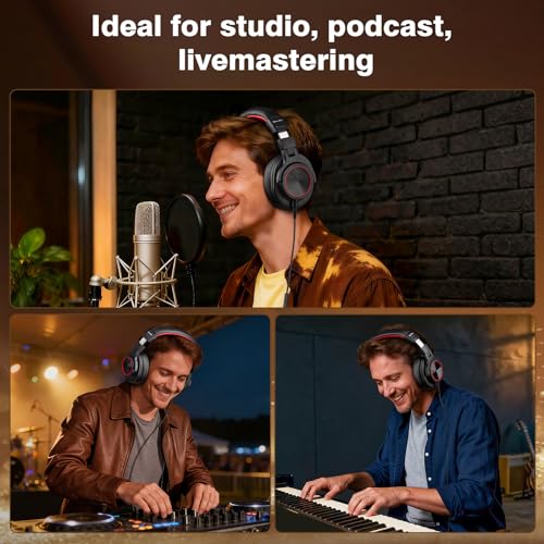 Image of New Bee Studio Headphones, Wired Headphones with 50mm Drivers, Professional DJ Headphones for Recording Mixing Podcast Guitar Piano, 210g Ultra-Lightweight Design, 3.5 /6.35mm Jack, Red Black