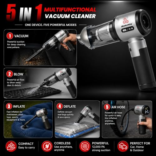 Image of Autofy Bolt 5-in-1 Cordless Vacuum Cleaner for Car & Home -18000PA Suction,150 PSI Tyre Inflator,100W BLDC Motor, 6000mAh Type-C, HEPA Filter, LED Torch | 2 Year Warranty