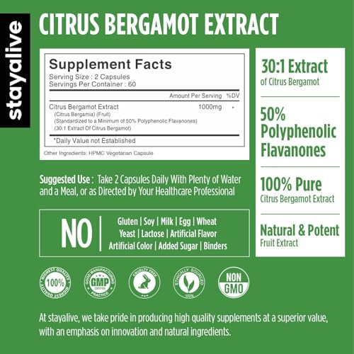 Image of STAY ALIVE Citrus Bergamot Capsules 1000mg, 30:1 Super Extract with 50% Polyphenolic Flavanones, 120 Pills, Citrus Bioflavonoids Natural Heart Health Supplements for Women & Men | Non-GMO, Gluten-Free
