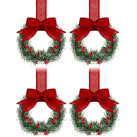4Pcs Christmas Kitchen Cabinet Wreaths with Bow Ribbon, Mini Christmas Artificial Green Leaves Bauble Wreath, Hanging Cabinet Doors Wreaths Decorative for Xmas Kitchen Window Front Door Decor Cover