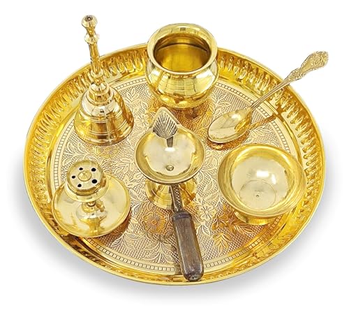 Image of BENGALEN Brass Puja Thali Set 8 Inch Pooja Thali with Pital Plate Kalash Chandan Wati Diya Dhup Dan Ghanti Spoon Arti Thali for Diwali Home Office Mandir Wedding Return Gift Items