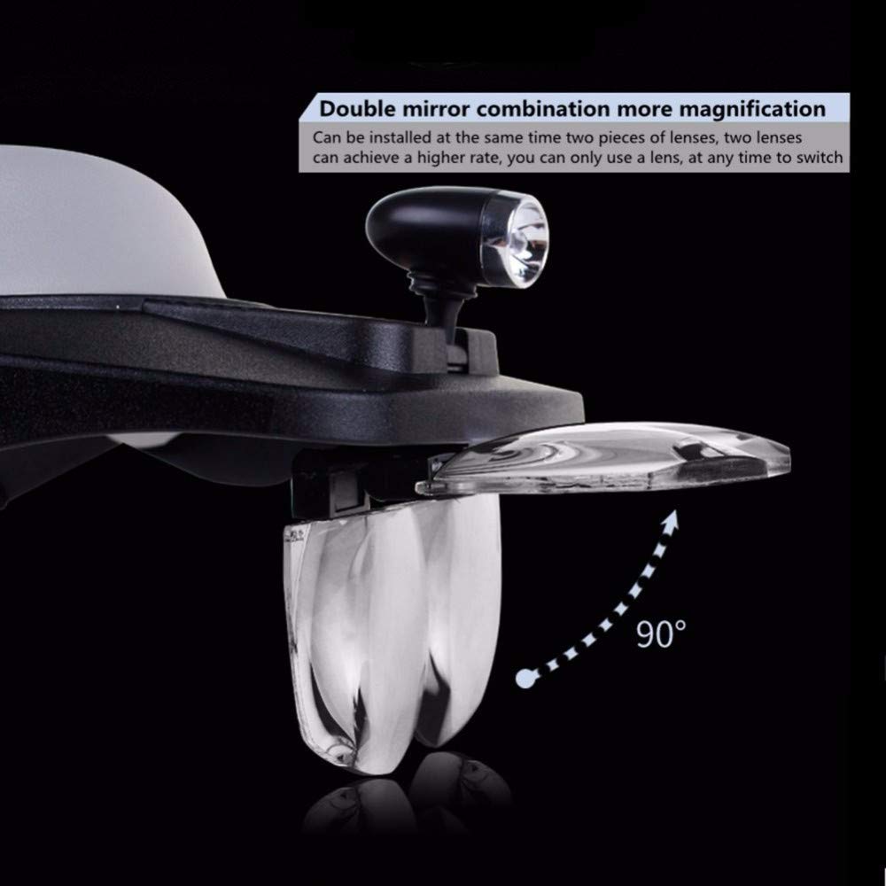 Lente d'ingrandimento frontale con 3 luci LED, strumento di riparazione orologiaio, 6 lenti intercambiabili multiple, 1 x 1,5 x 2 x 2,5 x 3,5 x 8 x