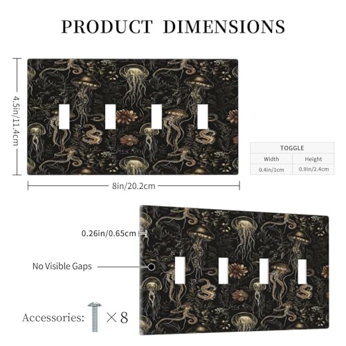 Decorative Switch Plate Covers Black Gold Jellyfish Squid Deep Sea Creatures 4 Gang Light Switch Cover Plate Quad Toggle Wall Plate Outlet Covers for Bedroom Home Decor