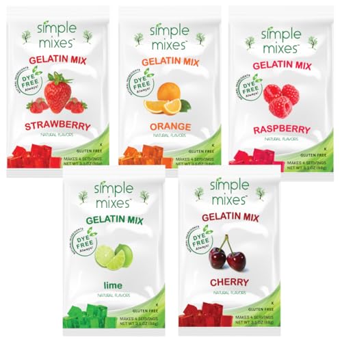 Image of Simple Mixes Natural Gelatin Dessert, Variety Pack, Strawberry, Orange, Cherry, Raspberry & Lime, Healthy Snack, Dye-Free, No Gluten or Fat, Kosher, 5 Pack