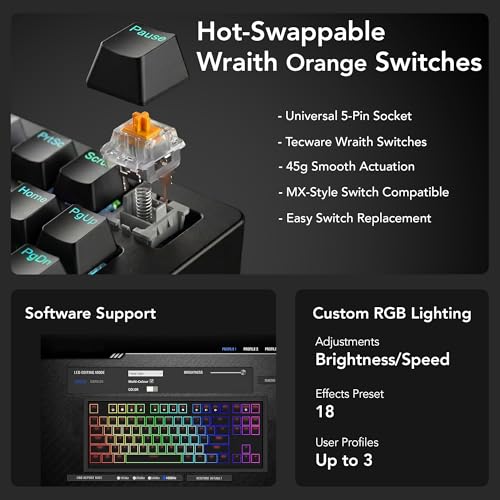 Image of TECWARE Phantom+ Elite 87 Key RGB Mechanical Gaming Keyboard | 3 Mode Wireless Bluetooth 5.0 2.4GHz & USB C Wired | Hot Swappable 5 Pin | Double Shot PBT Keycaps | Wraith Orange Switch - Black