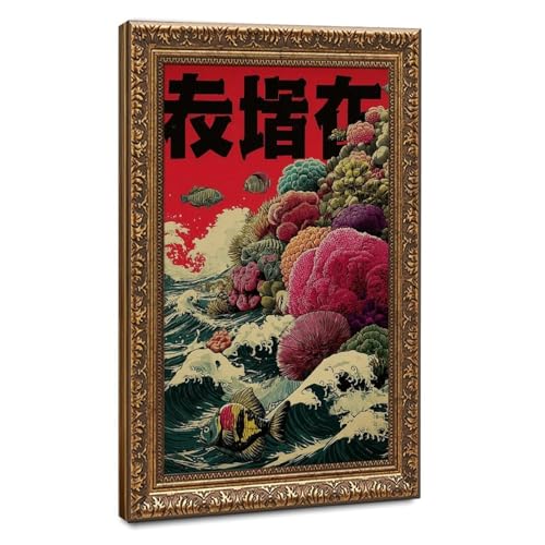 Poster japonais vagues océan récif corallien tableau indigo 30x45cm