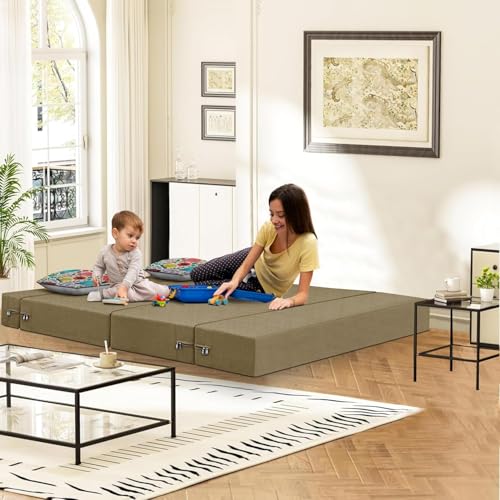 Image of Rosebell Foldable 2 Seater Sofa Cum Bed, Sofa Bed 4 X 6 Feet, Jute Fabric- Washable Cover- Including Two Printed Cushion Perfect for Home & Office - Golden Color