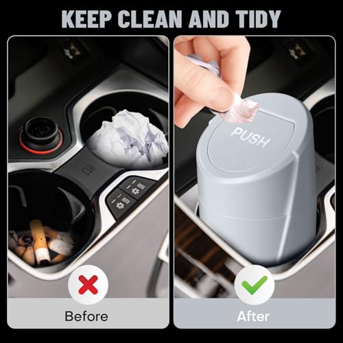 Image of Car Trash Can Bin with Lid - Car Garbage Can Cup Holder - Grey Mini Leakproof Vehicle Garbage Bin with 20pcs Trash Bags-Automotive Organizers and Storage for Front Back Seat Accessories
