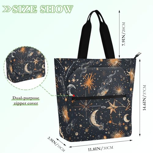Sun & Moon & Star Boho Tote Bag for Book Lovers Reusable Bags with Zipper Pocket for School Work Shopping2