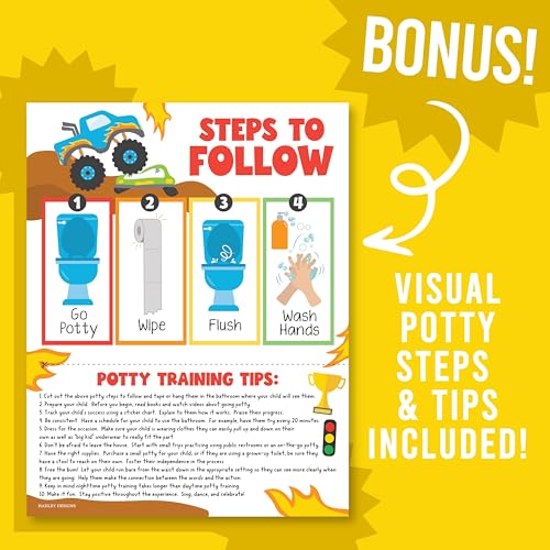 Image of Hadley Designs Potty Training Chart for Toddlers Boys -10 Sticker Potty Chart for Toddlers Boys, 8.5x11 inch Potty Training Sticker Charts for Toilet Success, Monster Truck Toddler Reward Chart for Kids