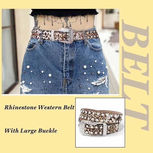 Leopard Rhinestone Belt for Women, Western Cowgirl Bling Crystal Studded Genuine Leather Belt for Jeans Pants3