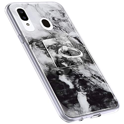 Urhause Cover Compatible with Samsung Galaxy A20 Case Sparkle Glitter Bling Marble Case TPU Silicone Ring Holder Cover 360 Degree Rotation Ring Holder Kickstand Shiny Bling Shockproof Cover Black & W