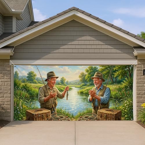 Rivière extérieure en housse de garage, masquez une porte usée avec ce décor de pêche vert - 2