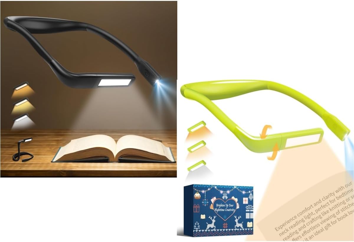 Neck Reading Light, Dual-Lamp with Wide Floodlight for Eye-Friendly Reading in Bed, 2000mAh Neck Lamp, Christmas Gifts for Book Lovers, Knitters & Crafters