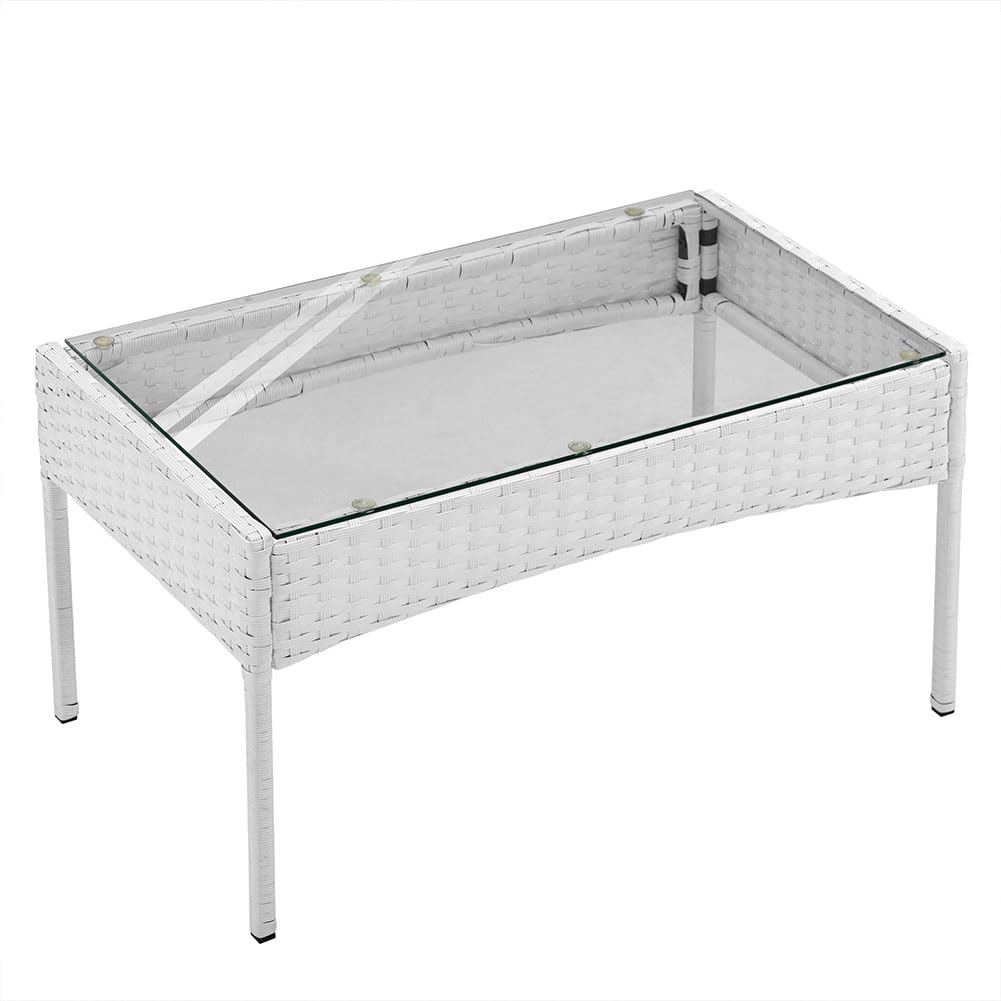 BAKAJI Juego Completo de salón de jardín con sofá, 2 sillones y Mesa con Estante de Cristal, salón de Exterior con Estructura de ratán sintético Blanco, Cojines desenfundables, terraza, balcón y Bar