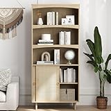 Jiansu furni Bookcase,Tall 5 Tier Boho Bookshelf with Door Storage,Adjustable Shelves,Rattan Wood Book Case Shelf,Large Farmhouse Bookcase for Living Room Bedroom Home Office (Oak 1PCS)
