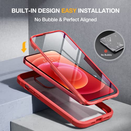 Image of Miracase Glass Series for iPhone 12 /12 Pro Case 6.1 inch, Upgraded Full-Body Rugged Phone Bumper Case Cover with Built-in 9H Tempered Glass Screen Protector and Camera Protector, Red