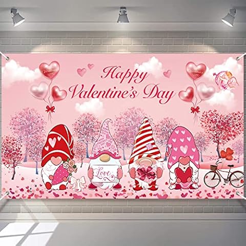 Large Valentine's Day Backdrop Banner, Gnome Love Heart Tree Valentine's Day Decorations, Happy Valentines Day Banner for Valentine Party Supplies Wedding Propose Marriage(72.8 * 43.3Inchs) Cover