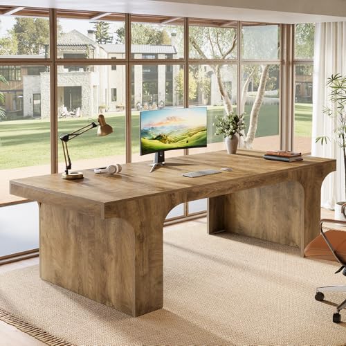 Image of Tribesigns 70.87 inch Executive Office Desk, Large Workspace Computer Desk, Modern Wooden Writing Table Simple Business Furniture with Arched Design for Home Office, Sturdy Room, Oak