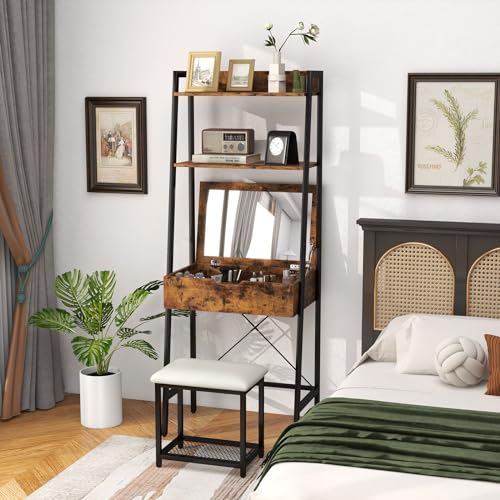 COSTWAY Vanity Desk Set with Flip-up Mirror, Ladder Vanity Table