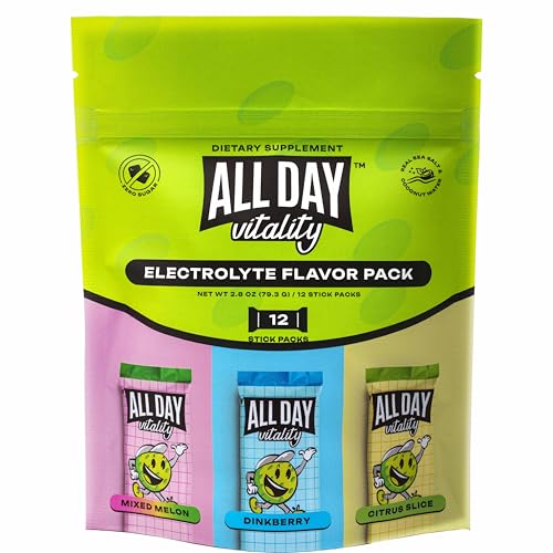 ALL DAY Vitality Pickleball Electrolyte Variety Pack | No Sugar, Non-GMO | 12 Drink Sticks