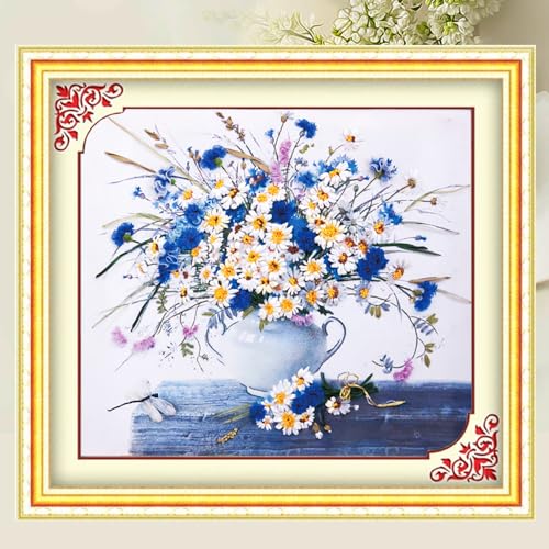Egoshop Needle Work Ribbon Embroidery Little Daisy Kit DIY Wall Decor Stamp Canvas 3D Painting Not Include Frame (Little Daisy)