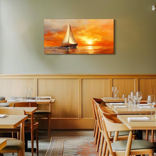 SERIMINO Sailboat Large Wall Art, Ocean Sunset Landscape Canvas Painting, Nature Nautical Scenery Art Prints, Orange Aesthetic Pictures Wall Decor Living Room Bedroom Bathroom Home Office 20"X40"